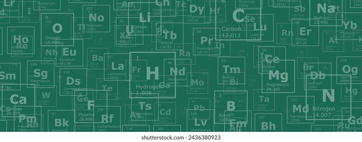 Green background of the chemical elements of the periodic table, atomic number, atomic weight, name and symbol of the element