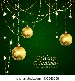 Green background with Christmas balls and golden stars, illustration.