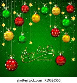 Green background with Christmas balls and golden stars. Holiday lettering Merry Christmas and Happy New Year, illustration.