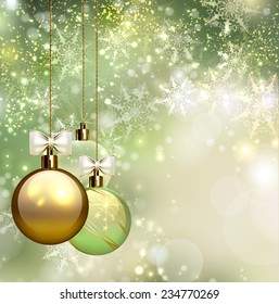 green background with Christmas baubles 
