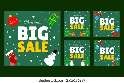 Green background Christmas sale signs with ornaments, snowmen, and gifts. 