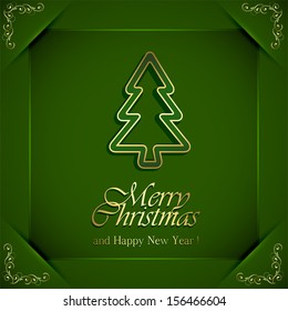 Green background with Christmas tree and floral elements, illustration.