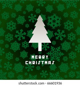 Green background with christmas tree and snowflakes. Vector.