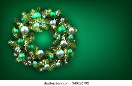 Green background with Christmas wreath. Vector illustration.