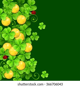 Green background with clover leaves and golden coins for St. Patrick's Day