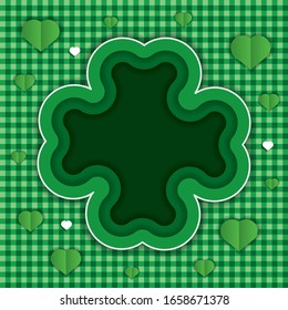 Green background with clover for St. Patrick's Day. In the style of cut paper. Copy space and seamless texture. Vector illustration.