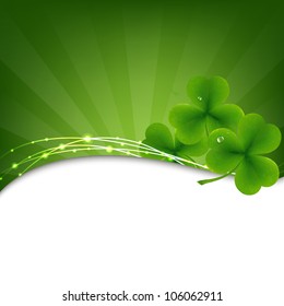 Green Background With Clover And Sunburst, Vector Illustration