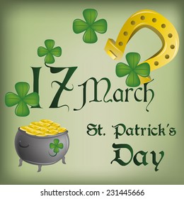 a green background with clovers, a money pot, a horseshoe and text