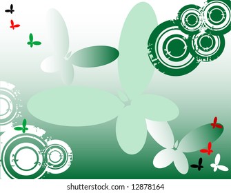 Green background with colored butterfly shapes and grunge circles