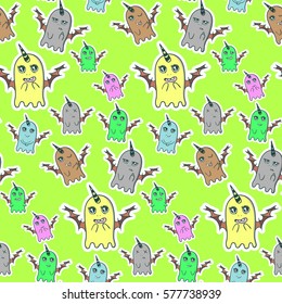Green background, colored monsters emotions, funny stickers pattern