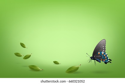 Green background concept whit Butterfly and falling leaves on copy space on green background, vector illustration