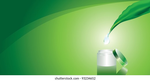 Green background with cream and drop of pure water on a green leaf