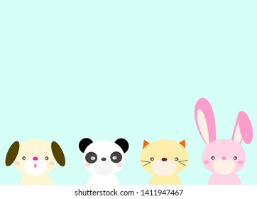 Green background with cute animal cartoon at the bottom of picture. Background concept.