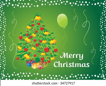 green background with decorated christmas tree and balloons