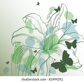 green background with decorative flower and butterflies