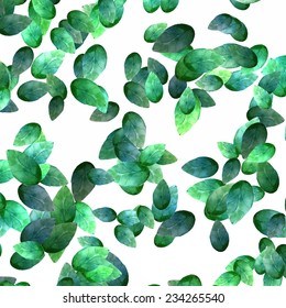 Green background with different leaves pattern. Watercolor artistic texture.