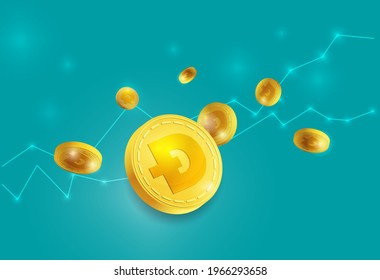 A Green background in dogecoin vector concept is growing up in the air. The cryptocurrency is in a 3D golden coin vector with a Dogecoin sign. A digital currency  illustration is for GME growth chart  svg