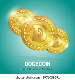 A Green background in dogecoin vector concept is growing up in the air. The cryptocurrency is in a 3D golden coin vector with a Dogecoin sign. A digital currency illustration is for GME growth chart