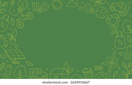 Green Background with doodles frame. School chalkboard ecology care symbols hand drawn elements