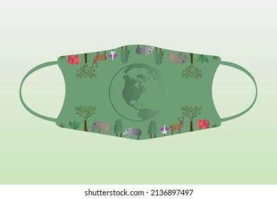 diseño de máscara de fondo verde del día de la tierra con motivos e íconos de plantas animales. adecuado para el diseño de máscaras sobre el medio ambiente y la conservación de la naturaleza
