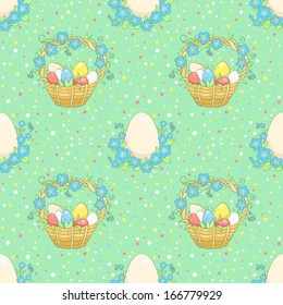 Green background with easter basket. Cartoon seamless background. Vector.