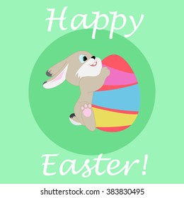 Green background with Easter bunny and egg.