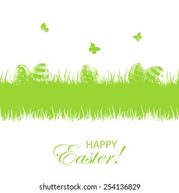 Green background with Easter eggs in a grass, illustration.