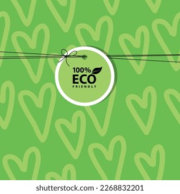 Green  background with eco friendly label, heart pattern