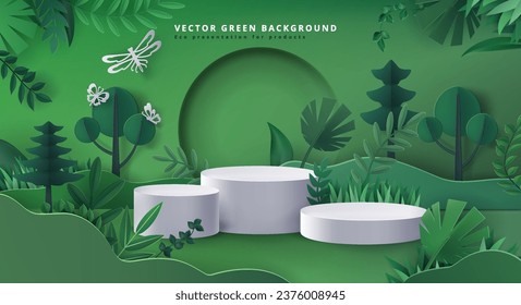 Green background. Eco tree garden with product podium, environment or recycle landscape, plant leaf. Presentation backdrop. Empty white platform, showcase in forest. Organic stand vector exact banner