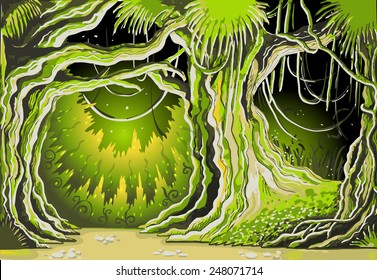 Green Background Fantasy Magic Tale Book Forest Hand Drawn Illustration. Birthday or Carnival Party Insight Fantasy Enchanted Tale Green Background Backdrop Playbill Vector Illustration.