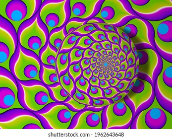 Fondo verde de plumas de pavo real con esfera giratoria. Ilusión de giro.