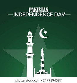 A green background featuring two white minarets a white star and a crescent moon The text PAKISTAN INDEPENDENCE DAY is prominently displayed symbolizing a graphic design for the celebration