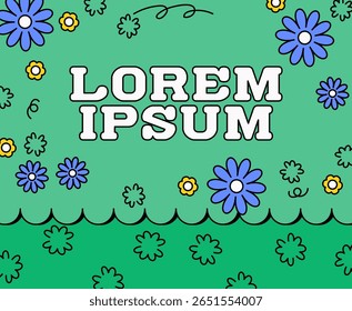 Green background filled with colorful cartoon flowers and playful floral doodles with text space in cartoon illustration vector hand drawn for spring, invitations, or cheerful decorative