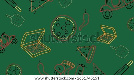 Green background filled with pizza boxes, slices, scooters, and spicy peppers drawn in bold line art creates a fun delivery scene.