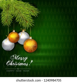 Green background with fir branches, Christmas balls and Christmas tree halftone pattern. Christmas Greeting Card With Big Free Space For Your Advertising Or Your Message.Vector illustration