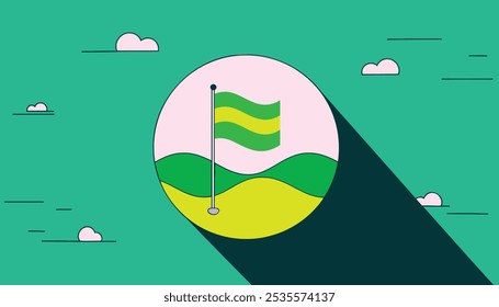 A green background with a flag and a green and yellow flag
