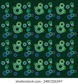 Green background with flower pattern, colorful shapes circles, style primitive collection, abstract shapes simple shapes, Cool abstract shape compositions.