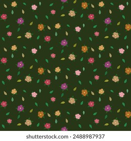 A green background with a flower pattern. The flowers are in various colors and sizes. Scene is cheerful and lively for background, fabric, textile, fashion, wallpaper, wedding, banner, sticker, decor