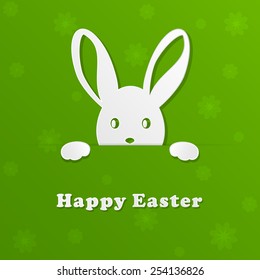 Green background with flower and white paper rabbit, illustration.