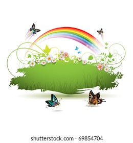 Green background with flowers and butterflies, vector illustration