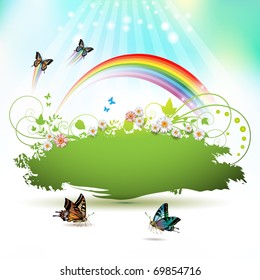 Green background with flowers and butterflies, vector illustration