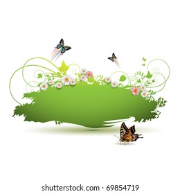 Green background with flowers and butterflies, vector illustration