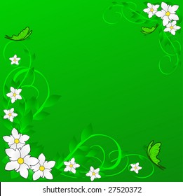 green background with flowers and butterfly
