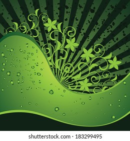 Green background with flowers and drops