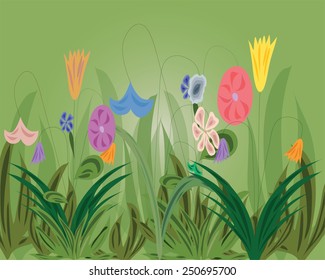 Green background with flowers and herb, vector, illustration