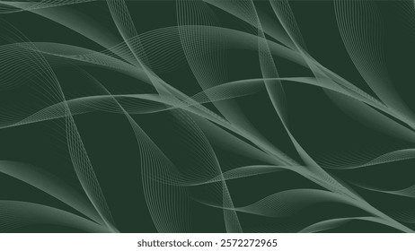 Green background with flowing white curved lines. Dynamic and elegant wave pattern. Floral style. 