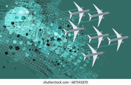 Green background and flying airplanes