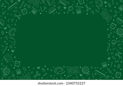 Green background with frame of hand drawn school stationery icons. School background with copy space. Vector illustration