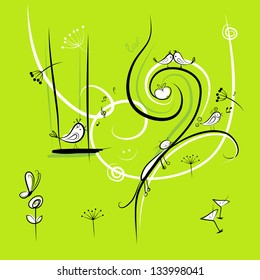 Green background with funny birds for your design