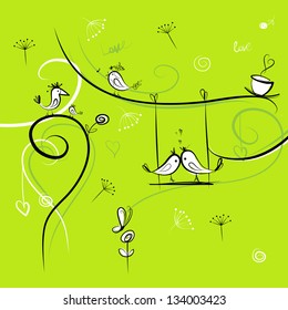 Green background with funny birds for your design